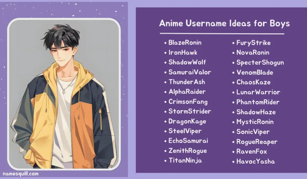 List of anime username ideas for boys with an anime character illustration, featuring cool and adventurous names for male fans.