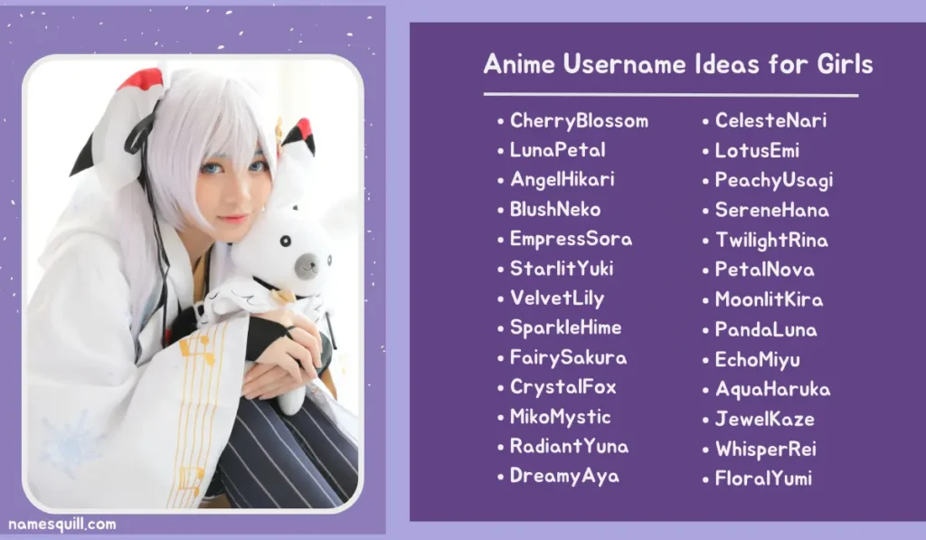 Anime usernames for girls with themes of beauty and grace, accompanied by a cosplayer in soft, whimsical attire.