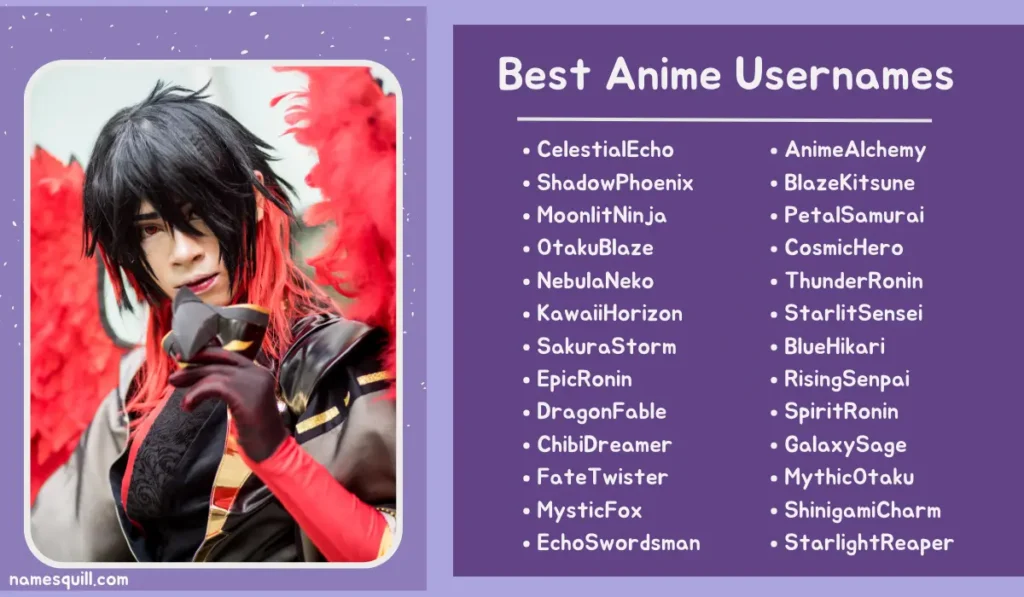 Anime username ideas displayed with an image of a cosplayer in dramatic costume, ideal for fans seeking memorable online names.