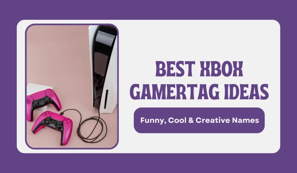 Title image for '786 Best Xbox Gamertag Ideas 2024: Funny, Cool & Creative Names' with pink controllers and a console.