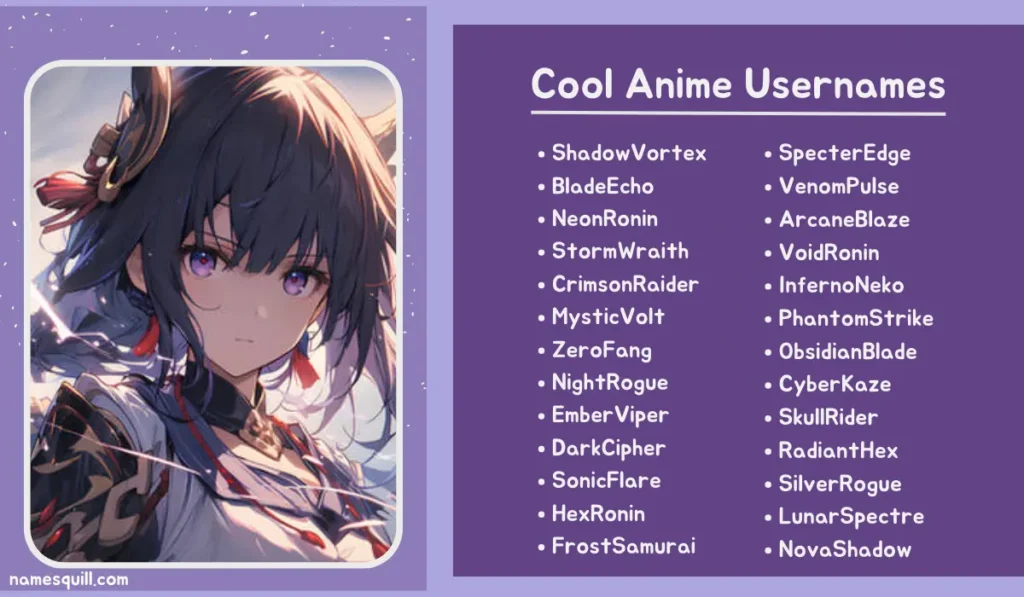 Short anime usernames displayed beside a stylish, mysterious character in neon lighting, ideal for quick and impactful name ideas.