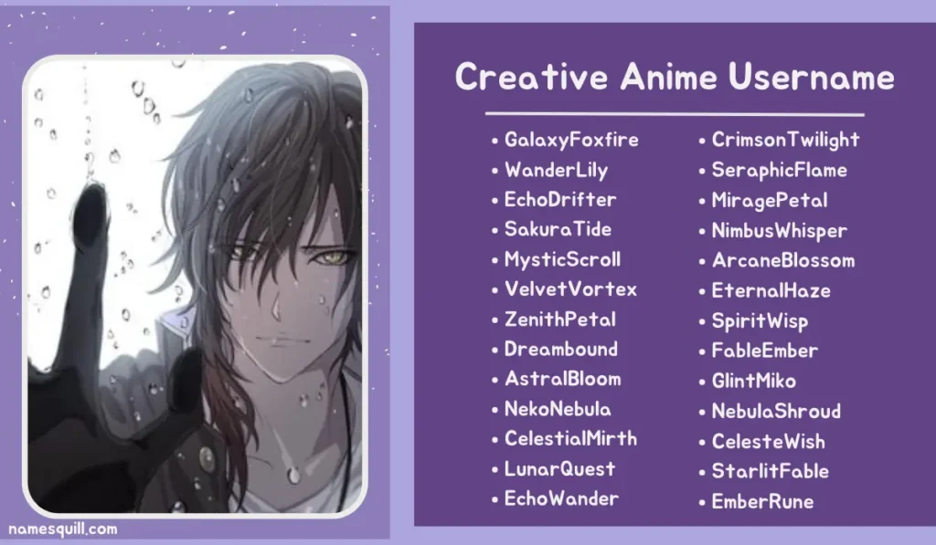 Fantasy-inspired anime usernames next to a reflective anime character, capturing the artistic and unique essence of creative name ideas.