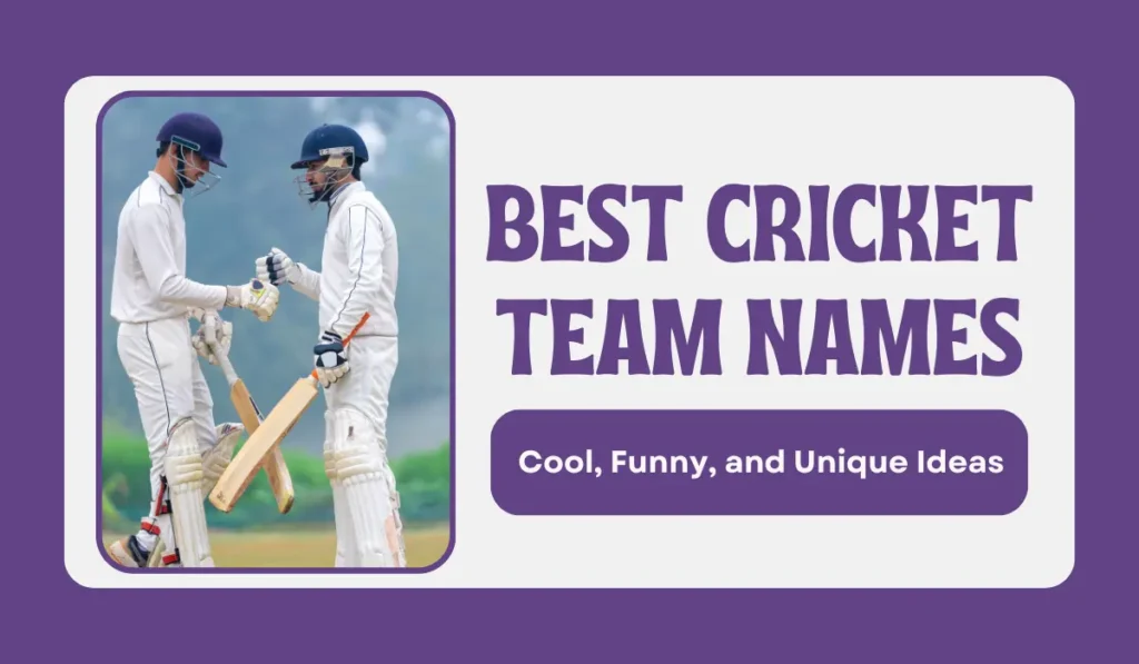 Two cricket players fist-bumping on the pitch, highlighting the title 'Best Cricket Team Names: Cool, Funny, and Unique Ideas