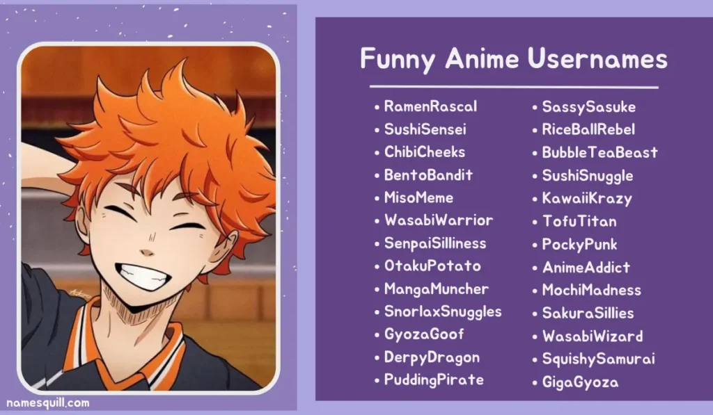 Funny anime usernames displayed with a cheerful anime character, featuring playful names like SushiSensei and OtakuPotato.