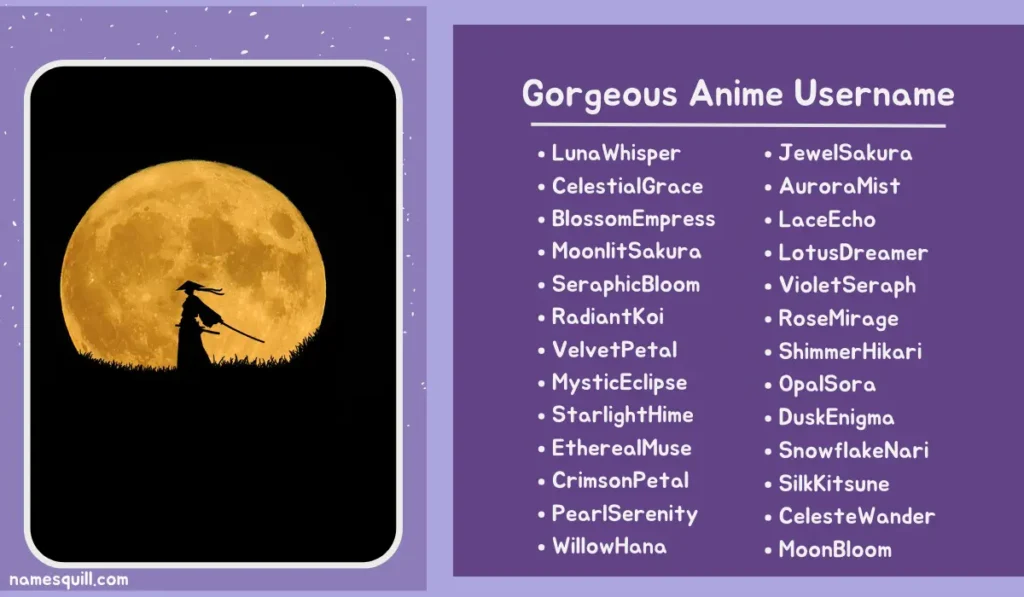 Image for 'Gorgeous Anime Username' section, featuring graceful anime-inspired names with a samurai figure against a large moon.