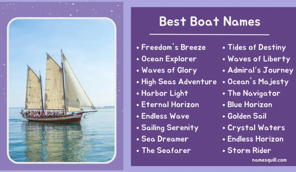 Funny boat names like 'Seas the Day', 'What the Boat!' for a humorous and light-hearted vibe on the water.