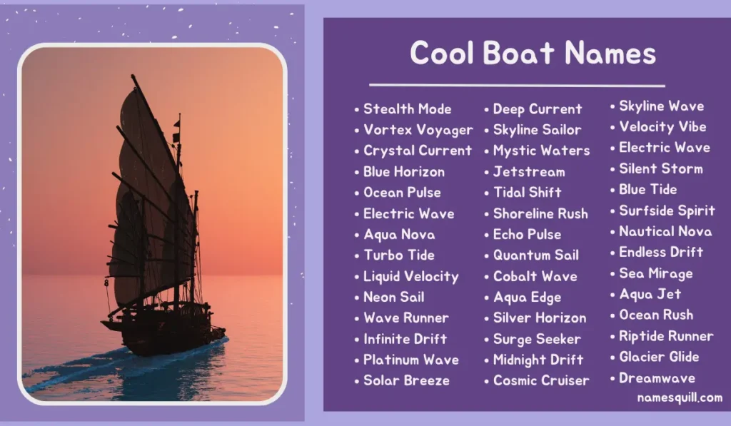 Trendy and modern boat names like 'Stealth Mode' and 'Vortex Voyager' for an adventurous and stylish vibe.