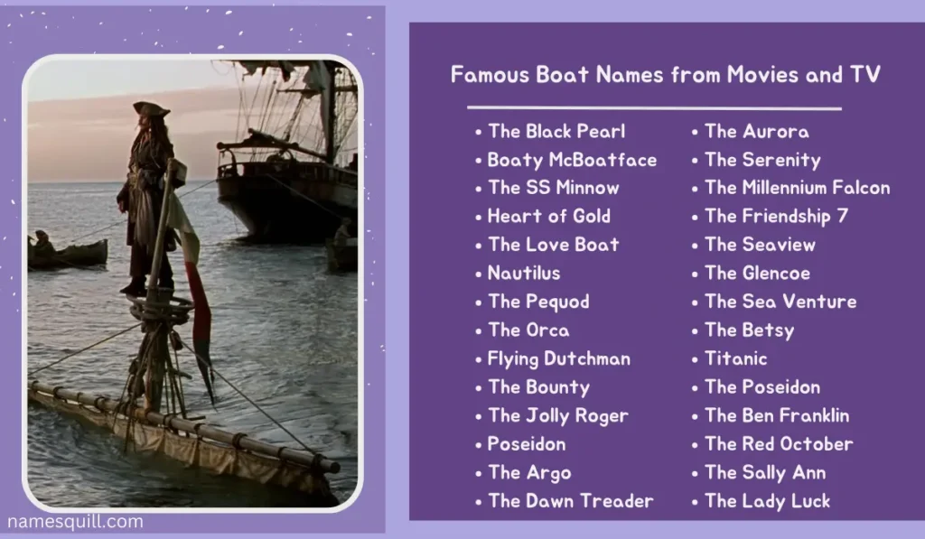 Iconic boat names from movies and TV like 'The Black Pearl' and 'SS Minnow' for a cinematic touch on the water.