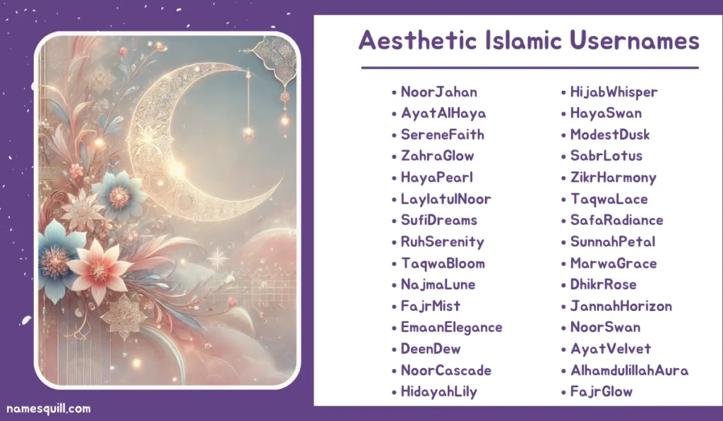 Aesthetic Islamic Usernames collection with a soft pastel Islamic background featuring intricate floral and moon elements.