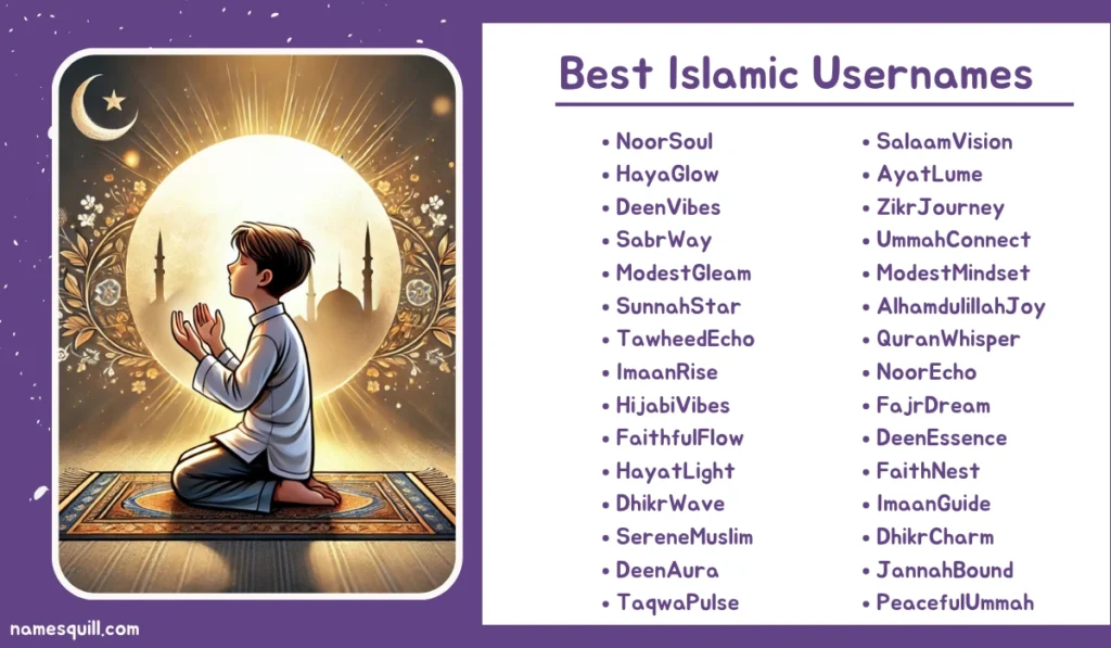 A beautifully designed list of Best Islamic Usernames with an inspiring image of a boy praying in a spiritual ambiance.