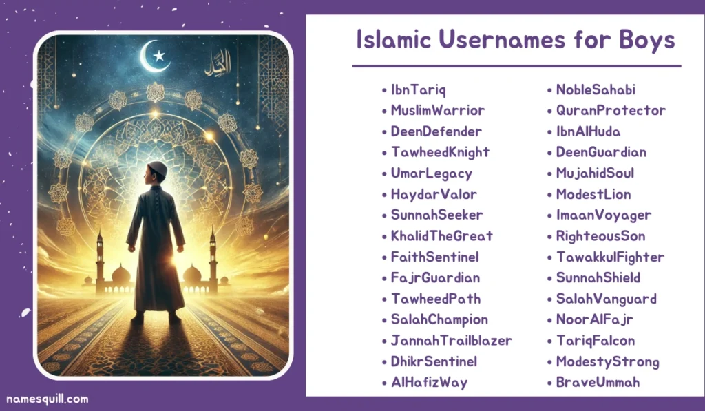Unique and meaningful Islamic Usernames for Boys displayed alongside an artistic portrayal of a boy in faith.