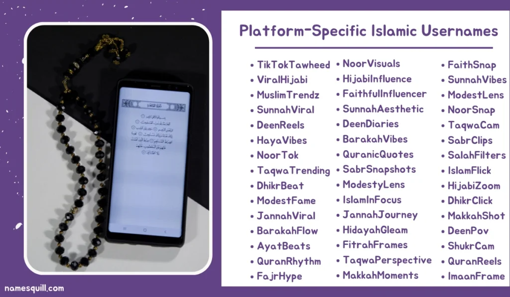 List of Platform-Specific (TikTok, Instagram, Snapchat, X (Twitter)) Islamic Usernames next to a meaningful image of a digital Quran and Islamic prayer beads."