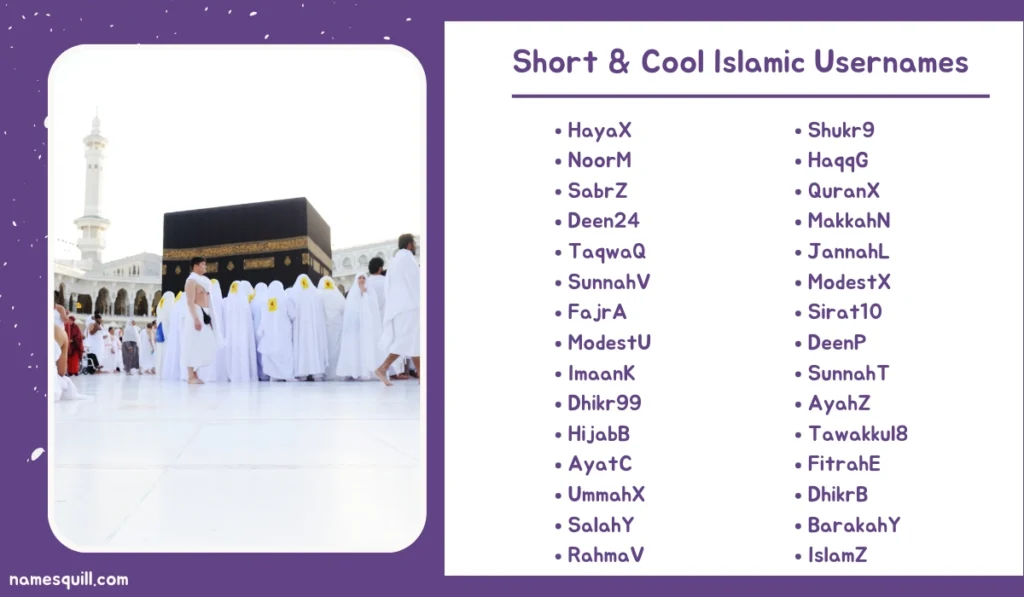 List of Short & Cool Islamic Usernames next to an inspiring image of Muslims gathered around the Kaaba.