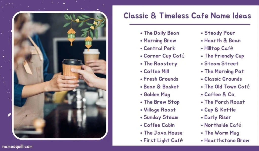 Classic and timeless cafe name ideas list with coffee shop image and name suggestions