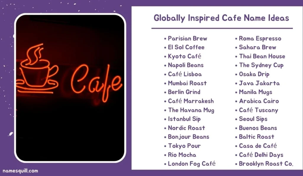 Global cafe name ideas with neon coffee sign and international-themed coffee shop names