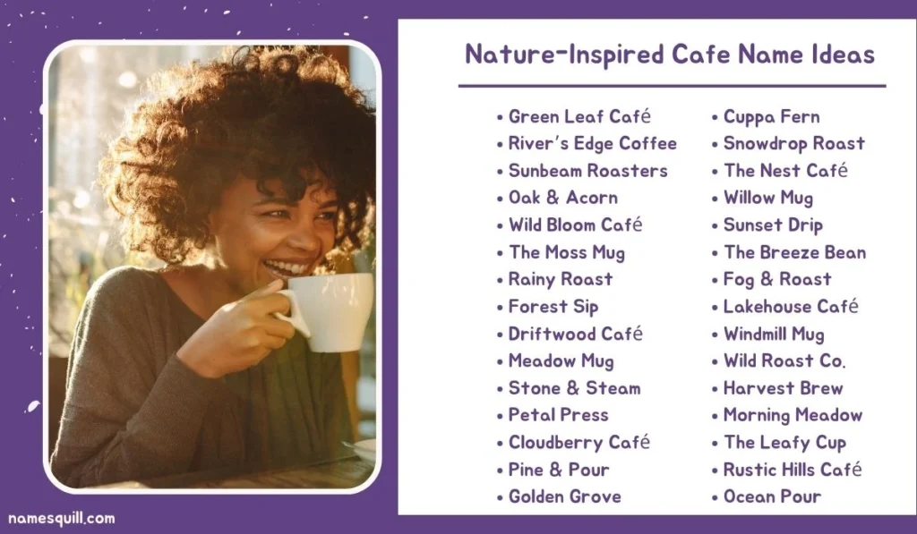 Nature-inspired cafe name list with smiling woman enjoying coffee and earthy name ideas