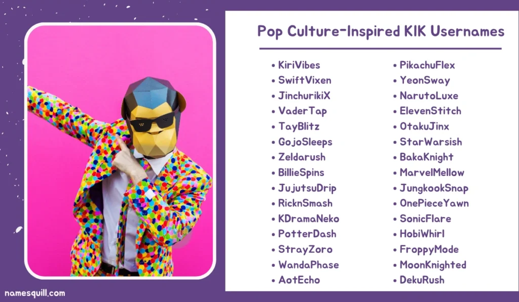 Colorful masked figure dabbing next to a list of pop culture-inspired Kik usernames in bold purple text.