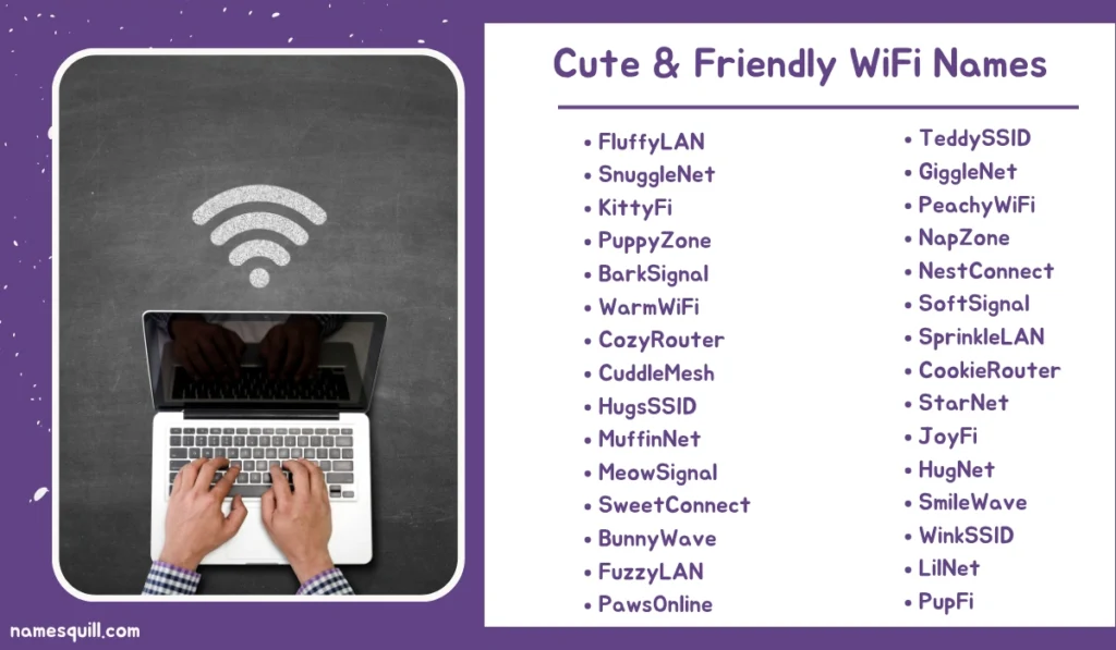 Cute and friendly WiFi name ideas with pet themes, cozy vibes, and playful names for home networks