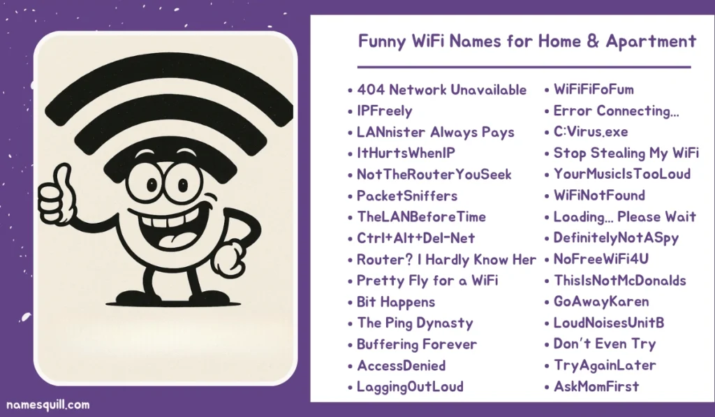 Funny WiFi names for home and apartments including puns, tech jokes, and pop culture references