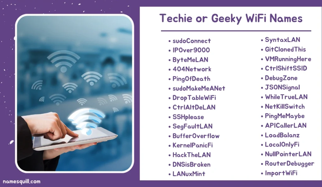 Geeky and tech-inspired WiFi names for programmers, developers, coders, and tech lovers with humor