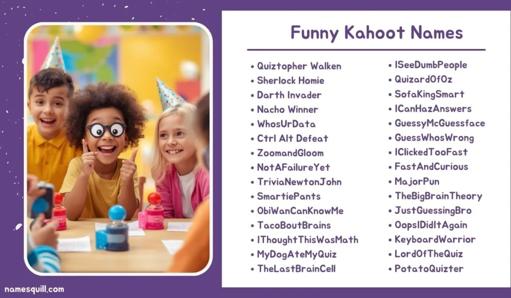 Funny Kahoot names list with kids laughing and party hats, featuring creative quiz nicknames.