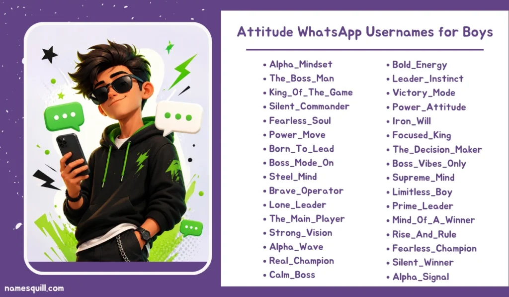 Attitude and bold WhatsApp usernames for boys with stylish phone illustration