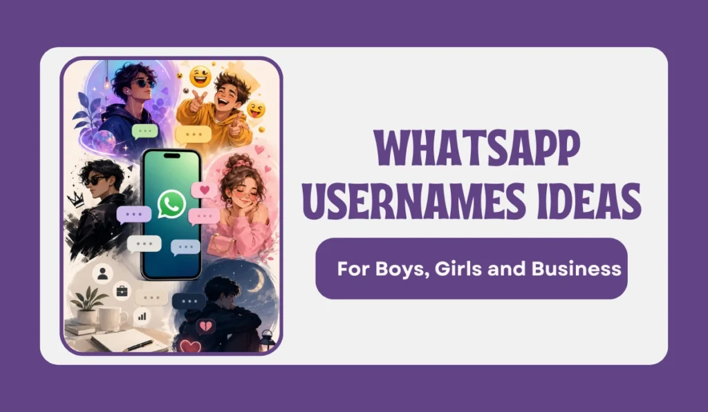 WhatsApp username ideas for boys, girls and business shown with stylish chat and profile icons