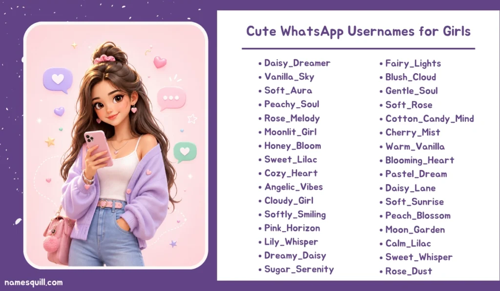 Cute stylish WhatsApp usernames for girls with pastel avatar and chat bubbles