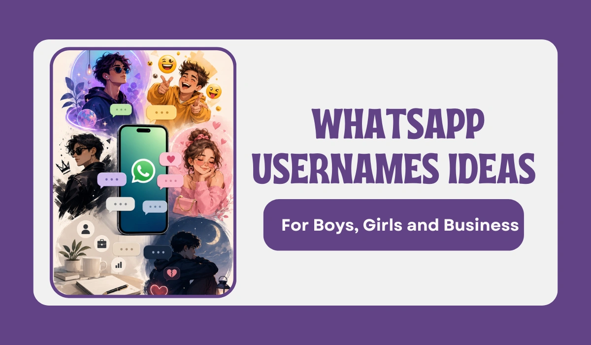 WhatsApp username ideas for boys, girls and business shown with stylish chat and profile icons