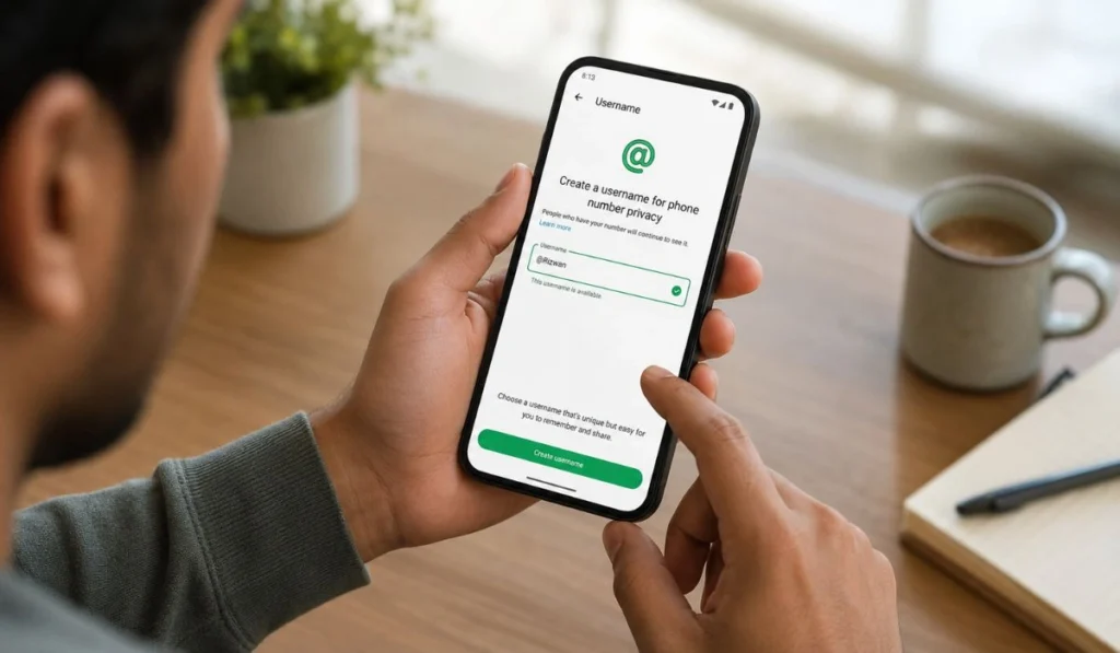 User creating WhatsApp username Rizwan on phone for phone number privacy