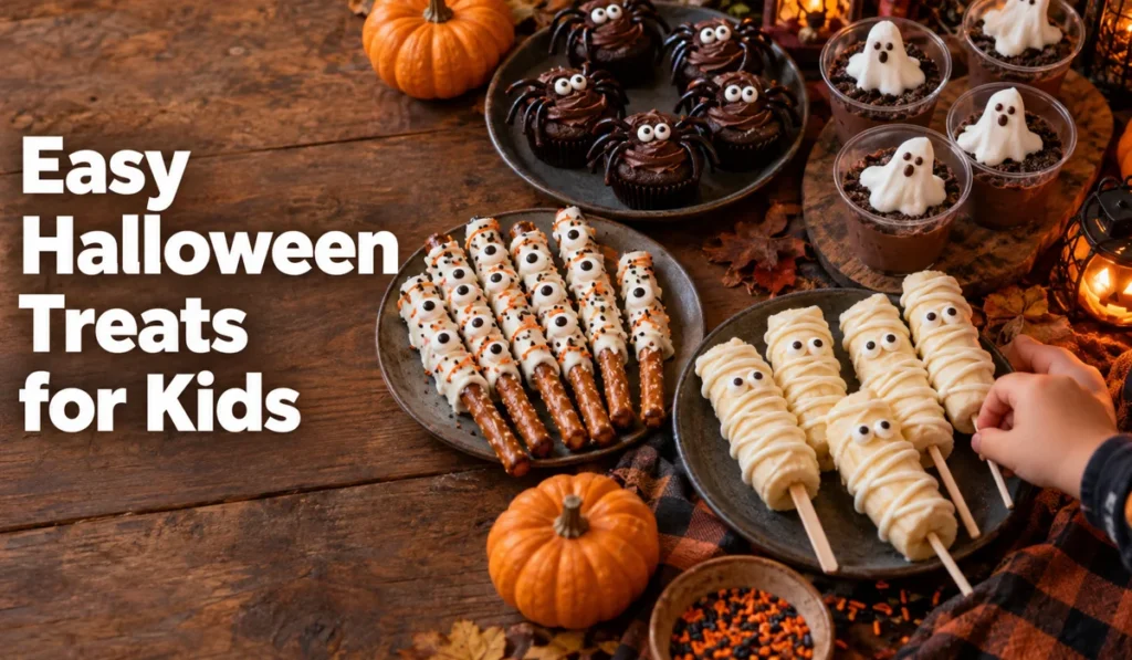 Easy Halloween treats for kids on a wooden table with pretzel eyes, mummy bananas and ghost pudding cups