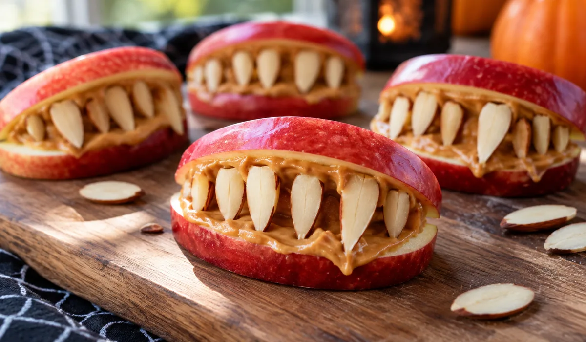 Apple monster mouths with peanut butter and almond teeth