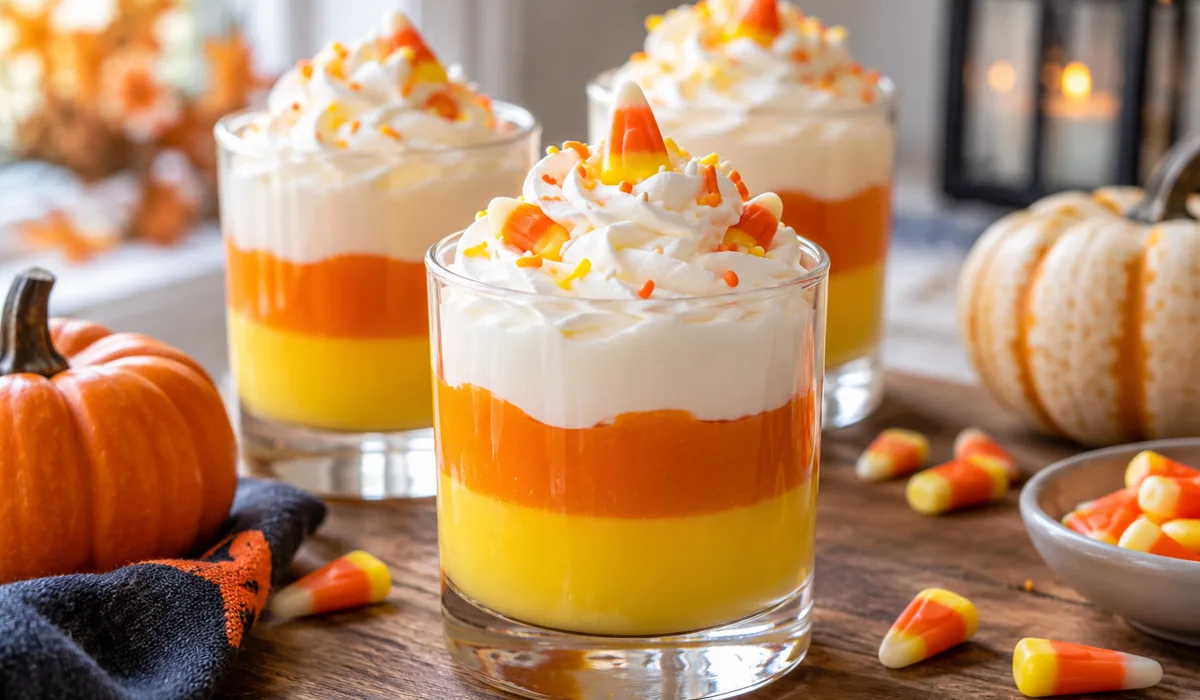 Candy corn parfaits layered in clear glasses