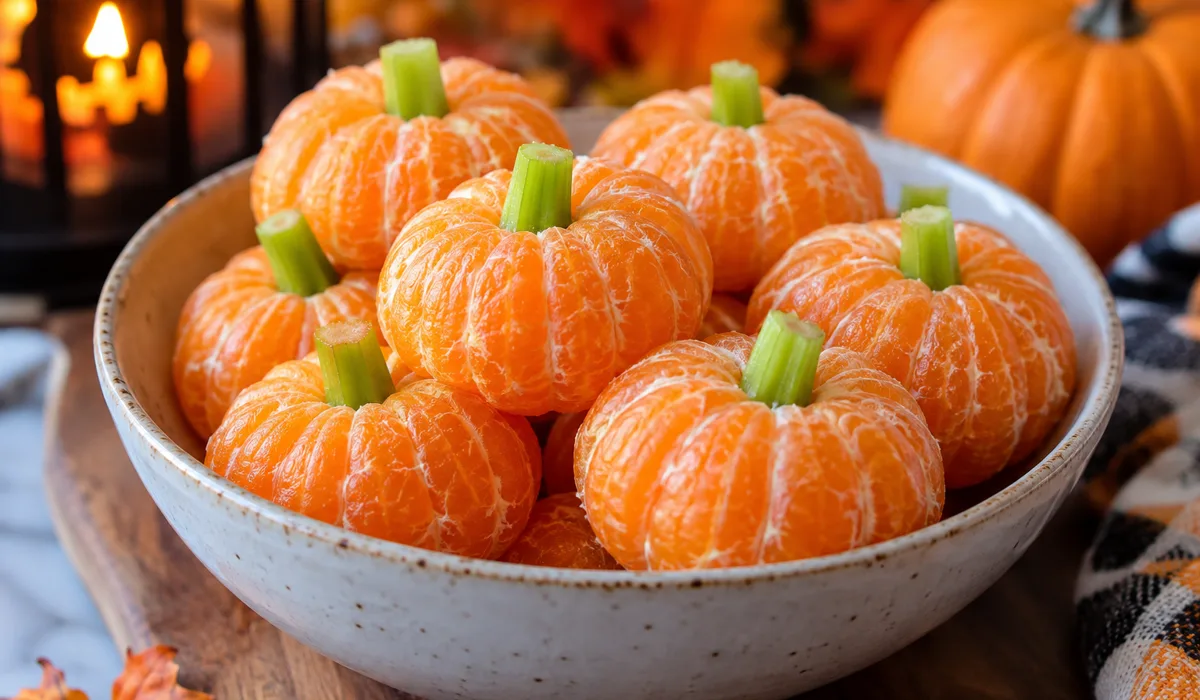 Clementine pumpkins with celery stems in a bowl
