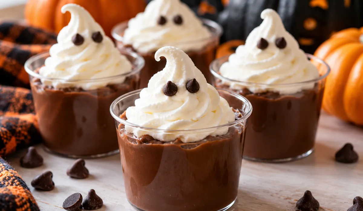 Ghost pudding cups with whipped cream and chocolate chip eyes