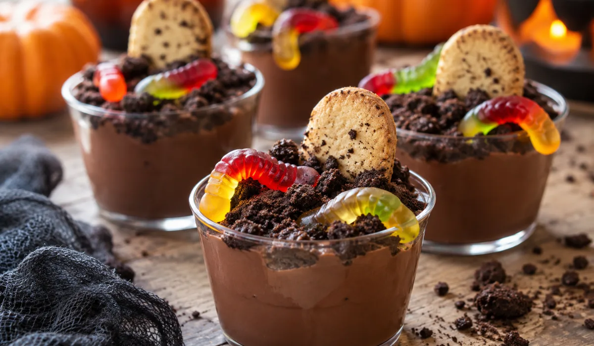Graveyard dirt cups with gummy worms and cookie tombstones