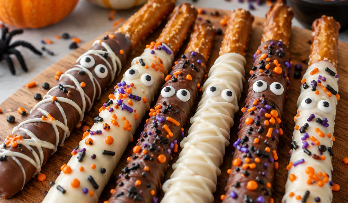 Monster eye pretzel rods dipped in chocolate with candy eyes