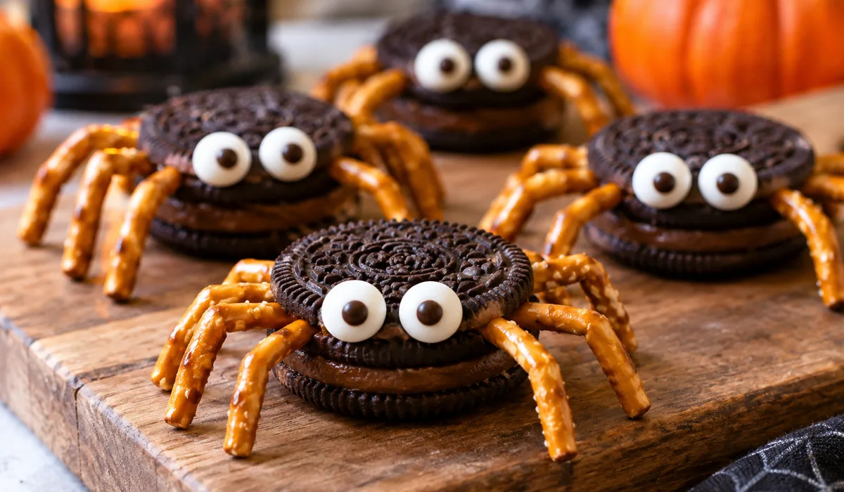 Oreo spider cookies with pretzel stick legs