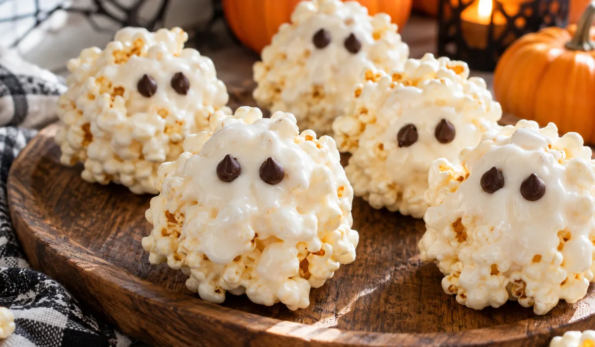 Popcorn ghost balls with chocolate chip eyes