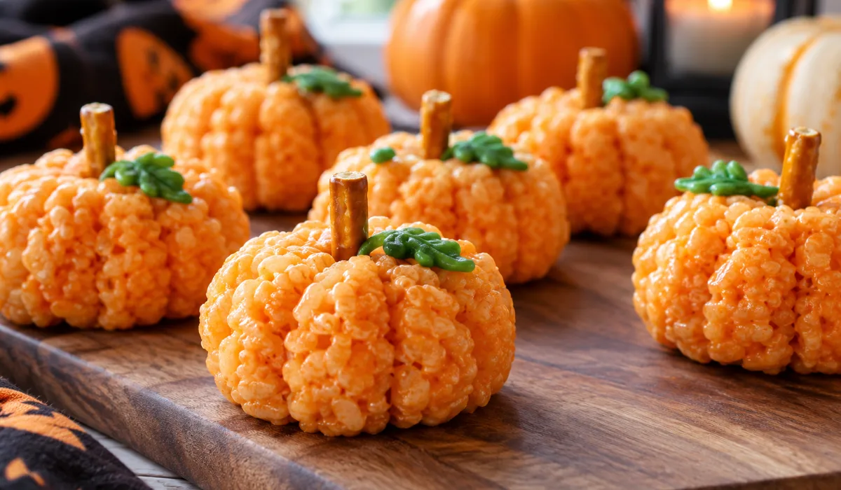 Pumpkin rice crispy treats with pretzel stick stems
