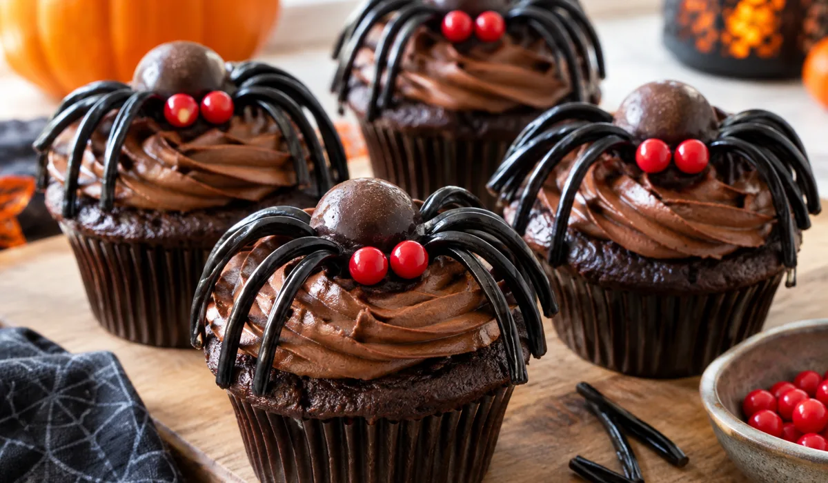 Spider cupcakes with licorice legs and red candy eyes