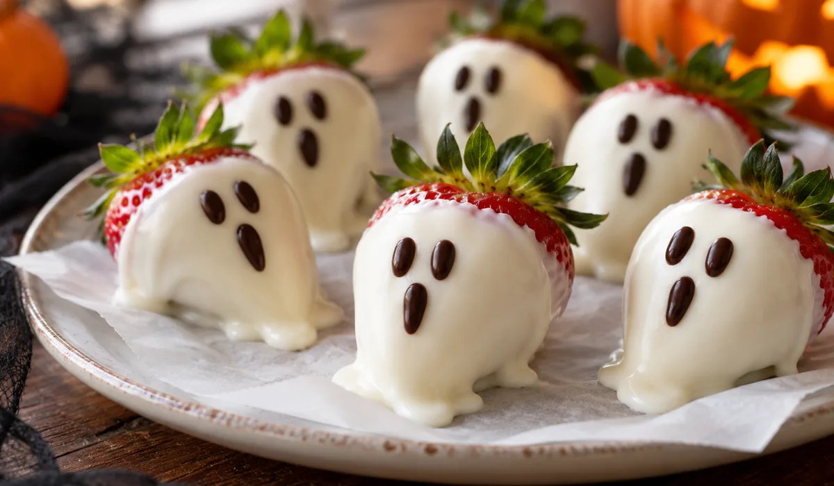 White chocolate strawberry ghosts on a plate