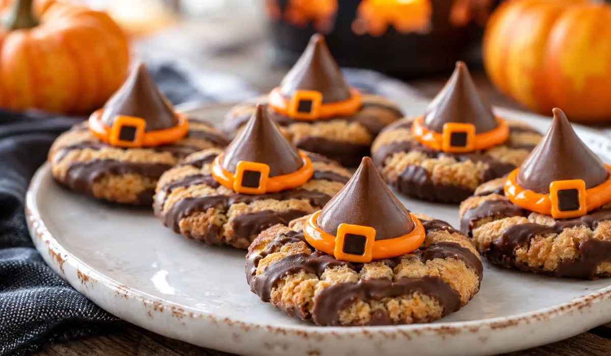 Witch hat cookies made with chocolate kisses and fudge stripe cookies